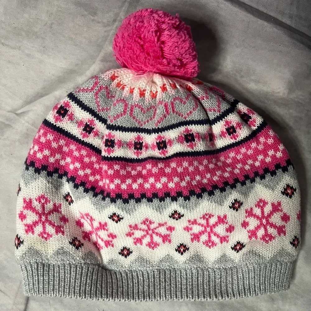 Gymboree Fleece Lined Pink and Gray Snowflake Kids Winter Hat with Pom Pom